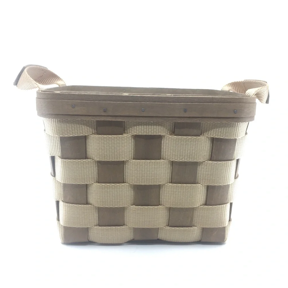 Vintage Longaberger Signed Bring Along Basket Tan Nylon Wood With Side Handles - Picture 4 of 11